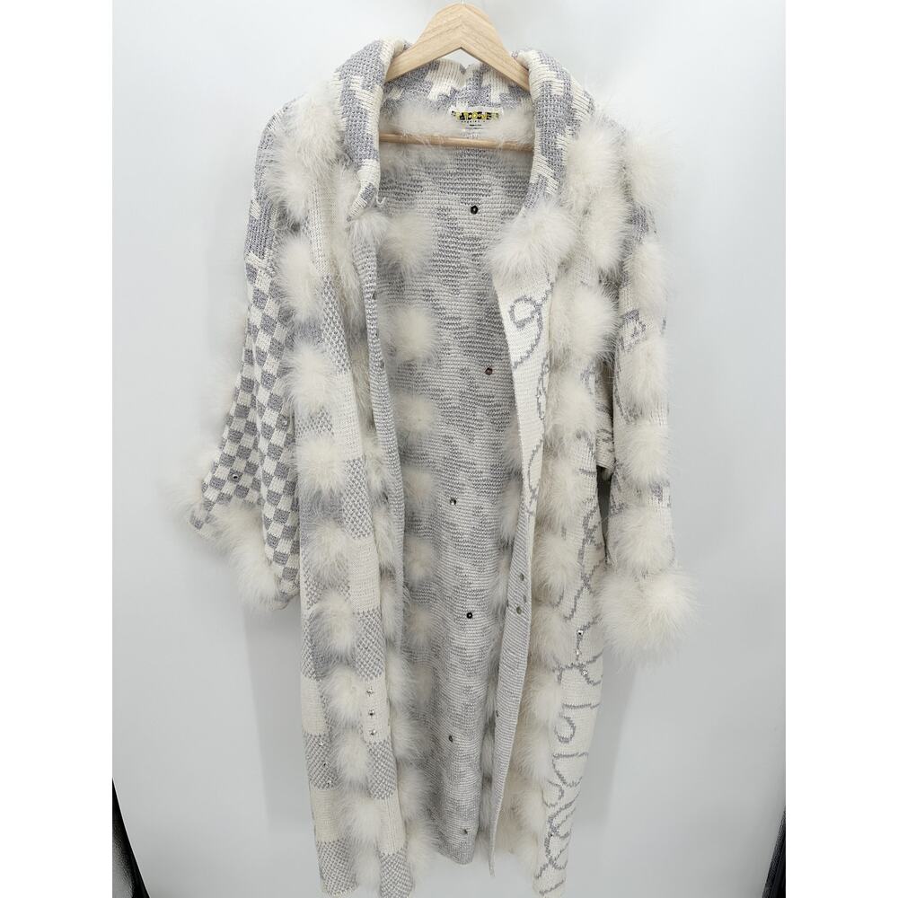 RANCOGJERRS‎ Vintage Grey Knit Fuzzy Long Cardigan Jacket Womens Size L Funky